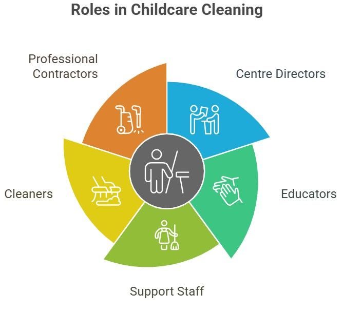 Diagram showing who is responsible for childcare cleaning standards, from centre directors to educators, cleaners and contractors