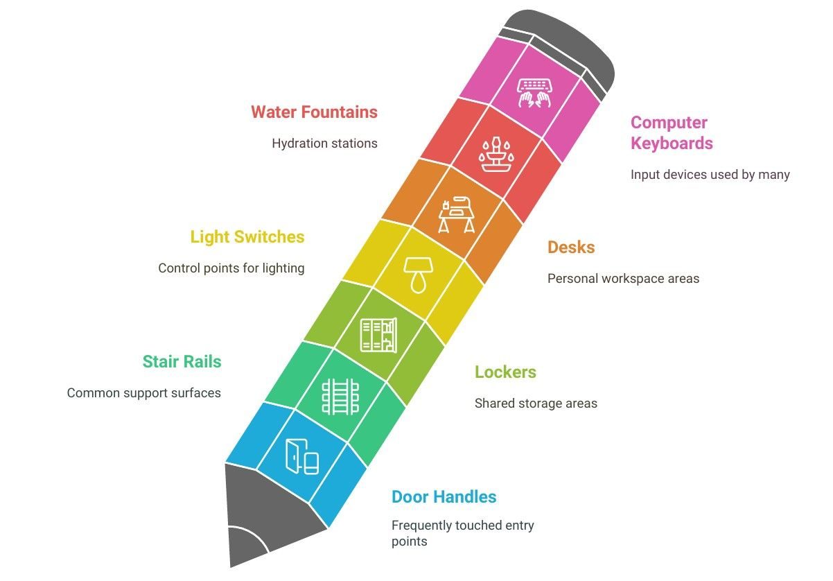 Illustration of critical touch points for sanitation in a school, including door handles, light switches and desks